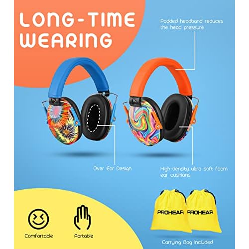 PROHEAR 032 2 Pack Kids Ear Protection, NRR 25dB, Adjustable Headband Safety Earmuffs for Sports Events, Concerts, Airports - Orange & Blue