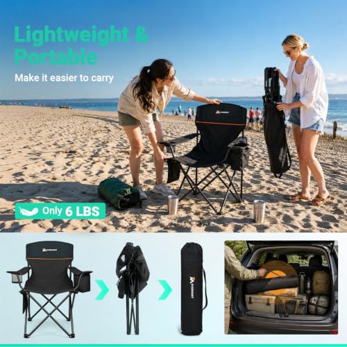Overmont Lightweight Camping Chair with 3-Can Cooler, Black & Navy, 250 lb Capacity