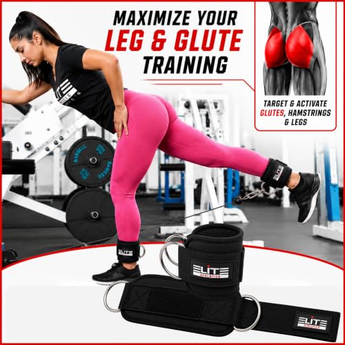 Padded Ankle Straps for Cable Machine - Pair, Neoprene Glute Cuffs - Black
