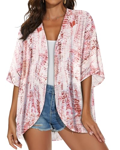 JILUVIN Women's Pink White Stripes Kimono Cardigan X-Large Beach Cover Up Summer Tops