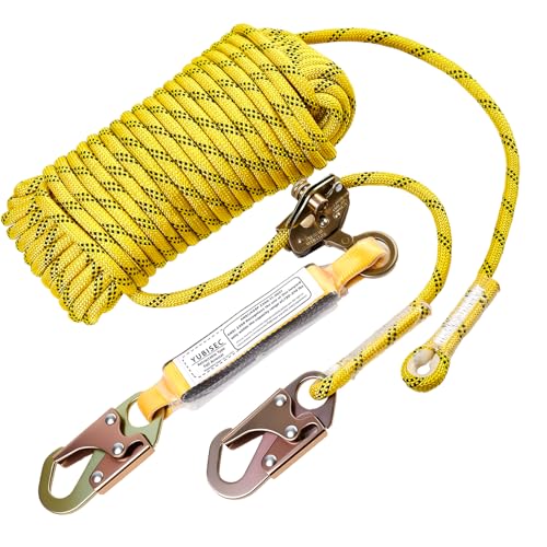 Rope Harness Safety Lanyard 25FT, Vertical Lifeline Assembly with Grab Snap Hooks Shock Absorber, Fall Protection Tree Climbing Lifeline Kit, Heavy Duty Roof Safety Equipment ANSI CE