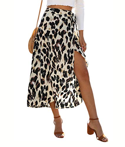 Newchoice Women's Boho Leopard Skirt High Low Wrap Midi Beach Summer Dress Khaki Medium