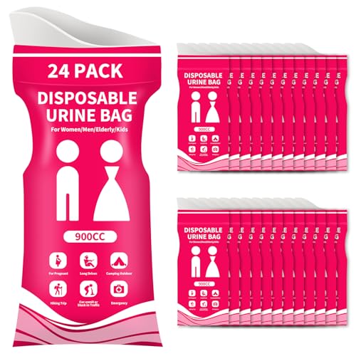 Pink Disposable Urine Bags 12/24 Pack - Portable Unisex Travel & Emergency Pee Bags