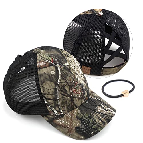 C.C Ponycap Messy High Bun Ponytail Cap - Adjustable Glitter Mesh Trucker Hat, One Size Mossyoak