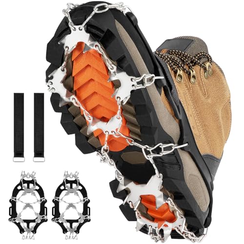 AOOELLO Black Large Ice Crampons with 28 Stainless Steel Spikes for Hiking & Mountaineering