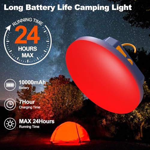 10000mAh Rechargeable Red Light Camping Light Insect Not Attract 4000LM Work Light White/Red/Pink/SOS Brightness Stepless Dimming, IP45 Waterproof Tent Light Power Failure