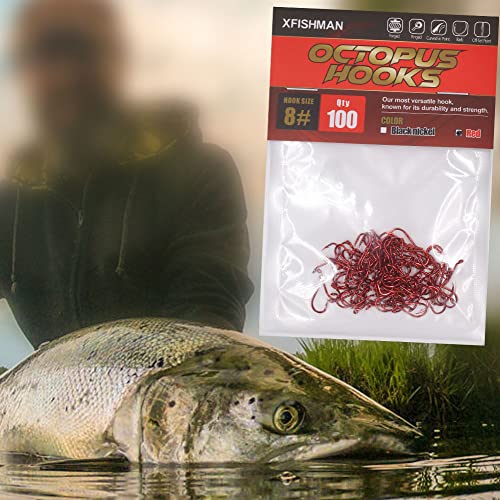 Octopus Circle Hooks - Size 8 Red - 100 Pack for Freshwater Fishing