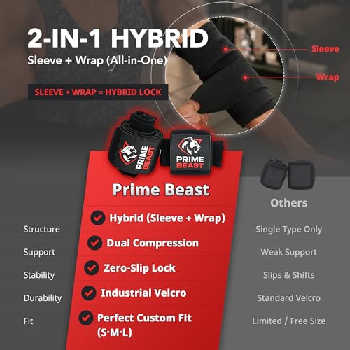 Hybrid Elbow Wraps for Weightlifting - Compression Sleeve & Adjustable Support - Black, Large