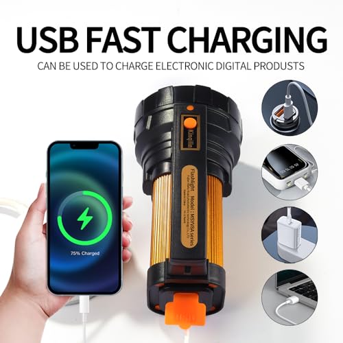 1200LM Rechargeable Spotlight Flashlight, IP67 Waterproof Handheld Flashlight with 3400mAh, 30H Runtime, USB Output, Led Spotlight with Shoulder Strap for Outdoor Camping Hunting Emergency