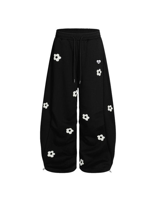 Aelfric Eden Baggy Wide Leg Sweatpants Flower Embroidery Casual Y2K Elastic Drawstring Lantern Barrel Lounge Trouser Pants Black L