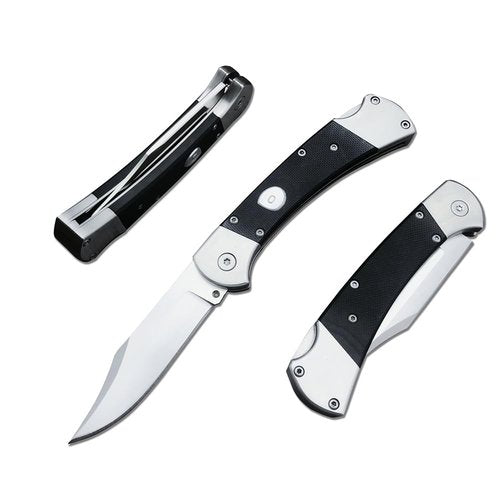 HUAAO Manually Operated Button-Lock Knife Folding Knife 440C Stainless Steel Blade, Back lock G10 Handle with Leather Sheath, EDC Pocket Knives for Men (Black)