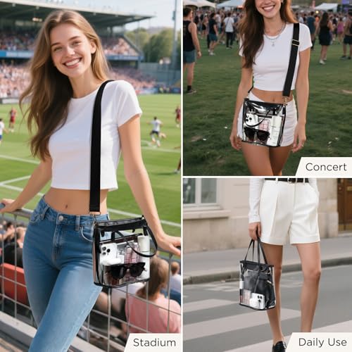 Clear Tote Bag for Women - Stadium Approved with Adjustable Straps - Black