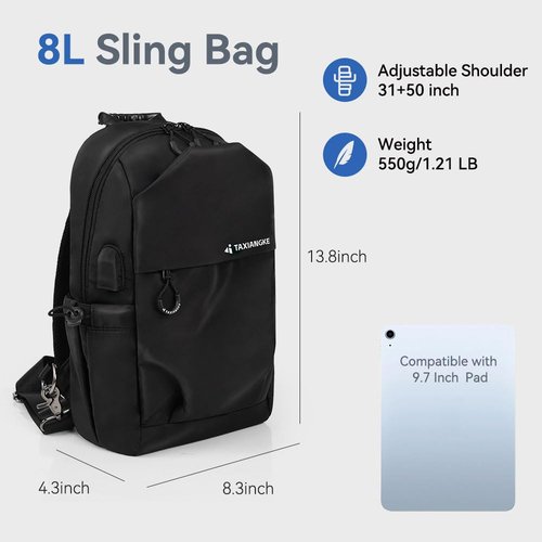 Crossbody Sling Bag For Men Women,Water-Resistant black nylon Single-shoulder bag, With USB interface lightweight Chest Pack,For Commute cycing travel running Everyday use