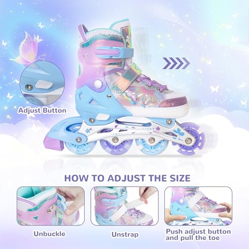 Adjustable Inline Skates for Kids - Purple Butterfly Design, Light Up Wheels