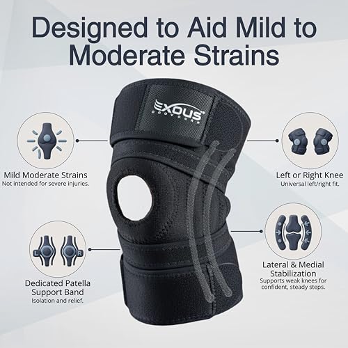 Black EXOUS BODYGEAR Knee Brace for Men & Women, 4-Way Adjustable Support