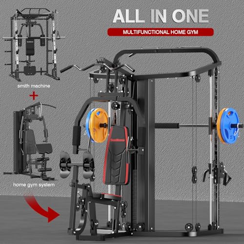 Multifunction Home Gym Station - Smith Machine with 138LB Weight Stack, Leg Press, LAT Station - SH-925G Set