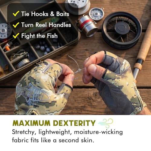 UPF 50+ Fingerless Fishing Gloves - Short Cuff Breathable - Small / CamoKhaki