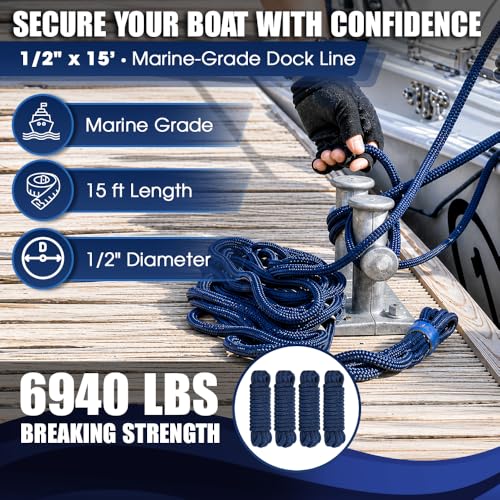 12in Eye Splice Nylon Dock Lines, 1/2in x 15ft Pack of 4 | Double-Braid Marine Ropes