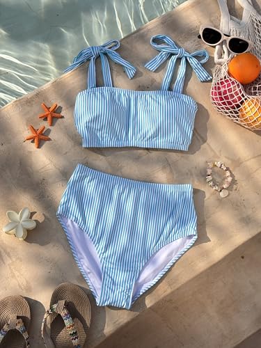 High Waisted Women's Tie Shoulder Bikini Set - Medium Blue Stripes