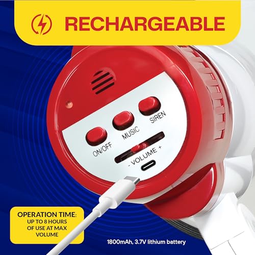 Croove Rechargeable White & Red Portable Megaphone with Siren & Volume Control