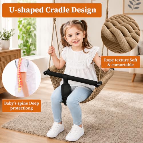 Kids Indoor & Outdoor Hand-Made Khaki Net Swing Seat with Adjustable Rope - Child Playground Swing