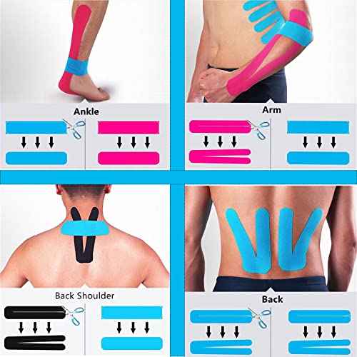 Precut Kinesiology Athletic Tape - Waterproof Sports Support - Black, 20 Strips