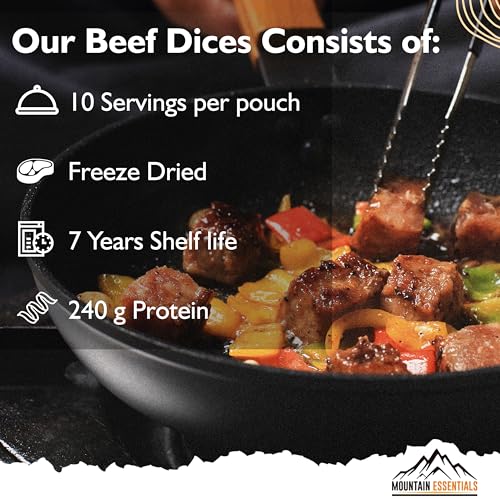 Mountain Essentials Freeze Dried Diced Beef - Fully Cooked, High Protein, 240g, Ready-to-Eat Meal Prep