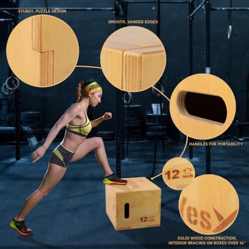 Plyo Box 3-in-1 Wooden Jump Box for Home Gym - 16" x 14" x 12"