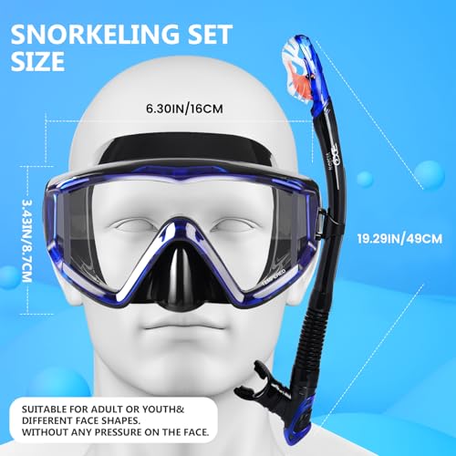 EXP VISION 2-Pack Black & Blue Panoramic 3 Window Snorkel Masks with Dry Top Snorkels for Diving & Swimming