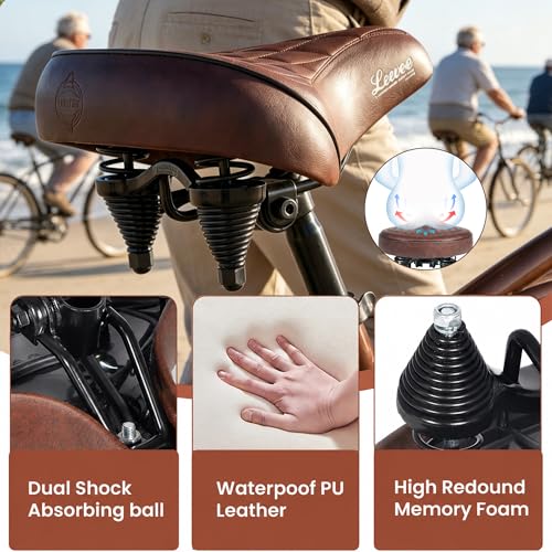 LEWEE Brown Beach Cruiser Bike Seat, Wide Comfortable Vintage Saddle - Extra Plush