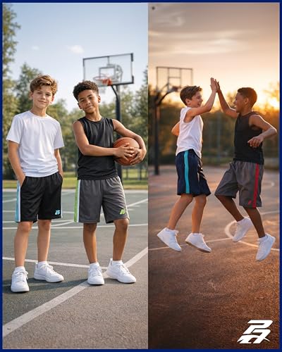 Boys Athletic Shorts - 2 Pack Quick Dry Basketball Gym Shorts with Pockets - Navy Neon/Black Red