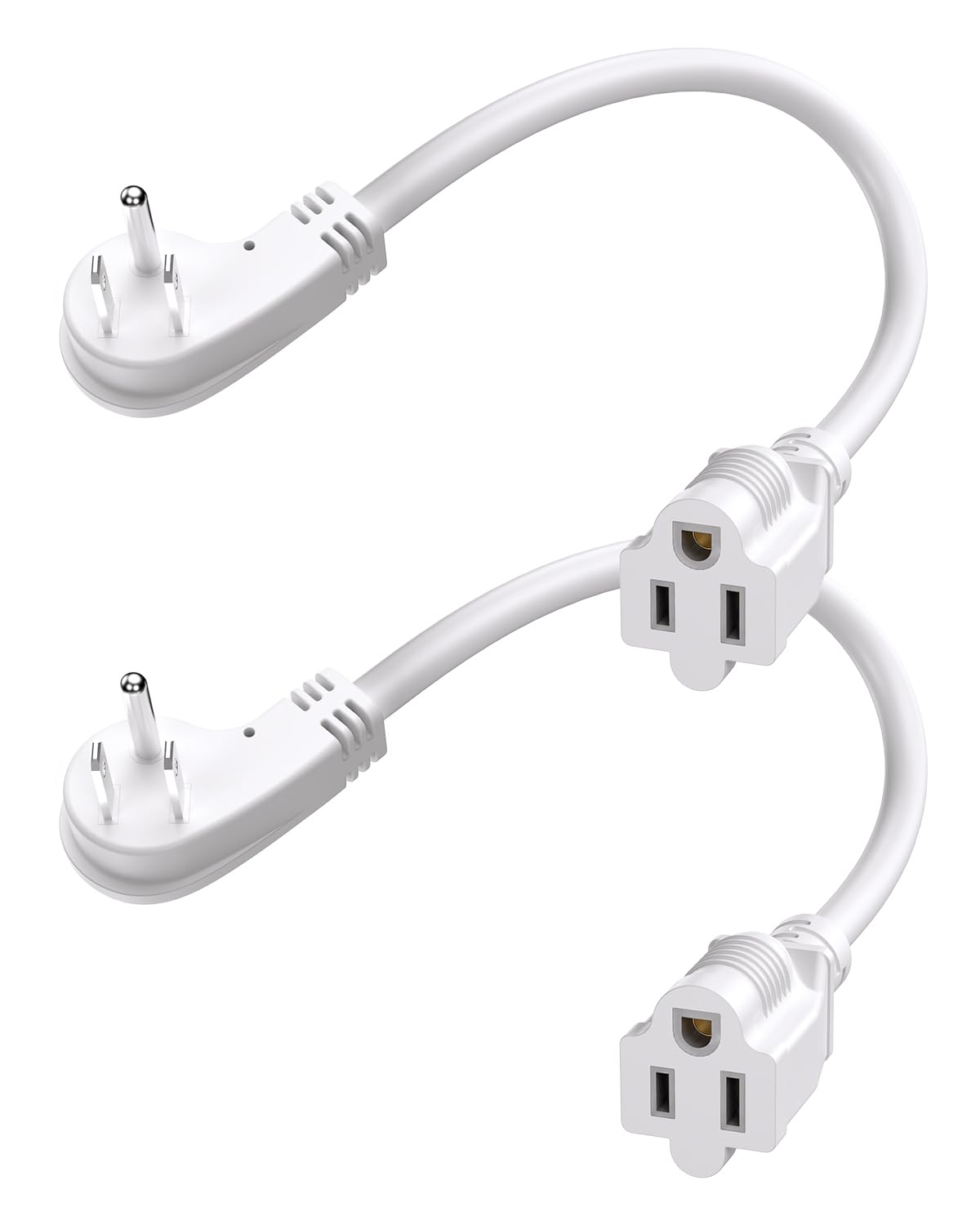1Ft Flat Plug Short Extension Cord, 90 Degree Plug Adapter, White Low Profile 3 Prong Small Grounded Cords 14 AWG 15A 1875W 2 Pack