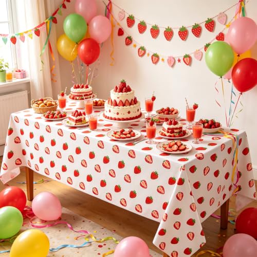 Strawberry Party Tablecloths - 4 Pack Plastic Birthday Covers 86 x 51 Inch