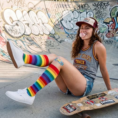 Knee High Socks for Women - Novelty Holiday Print - Red-Rainbow
