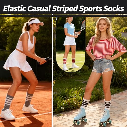Retro Striped Cotton Crew Socks - 3 Pairs, Black, White, Gray