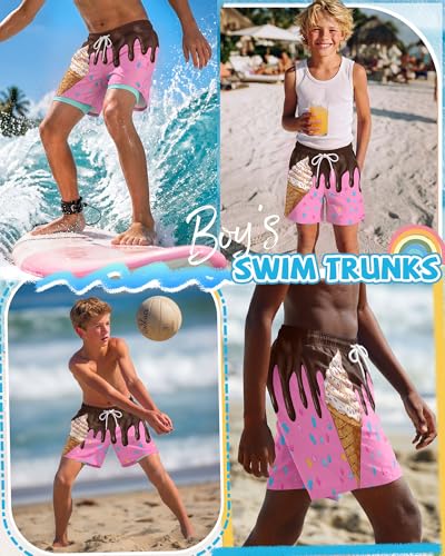Boys Swim Trunks - Pink Blue Chocolate Drip Cone, 8-9 Years