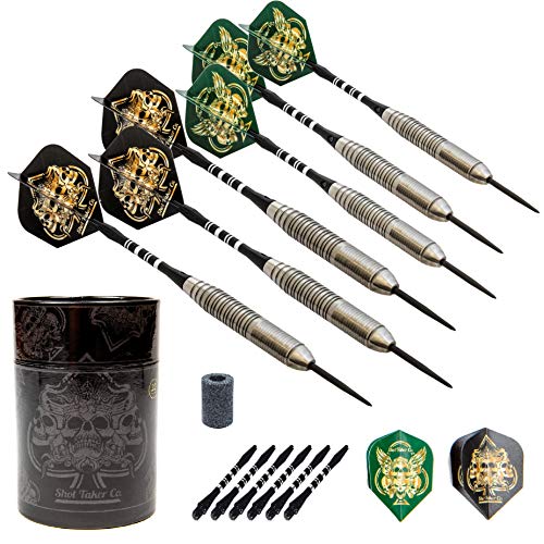 SHOT TAKER CO. 22g Black Skull Steel Tip Darts Set - Professional 6pc with Shafts, Flights & Sharpener