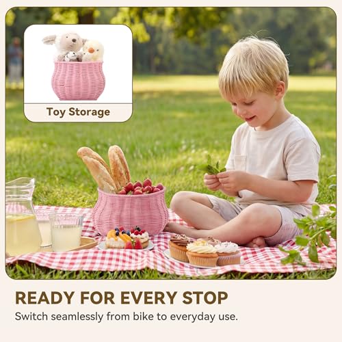 Pink Kids Bike Basket Wicker Bicycle Front Basket for Girls & Boys