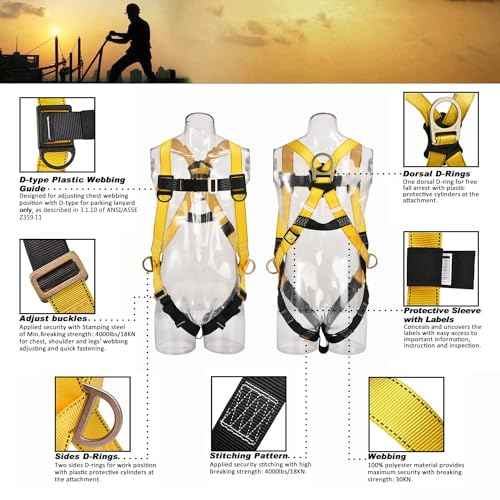 3D-Ring Industrial Fall Protection Safety Harness ANSI/ASSE Z359.11-2021 Compliant Full Body Personal Protection Equipment 3-Point Adjustment Universal 310 lbs