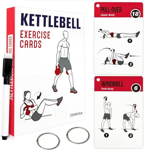 Kettlebell Workout Cards - 59 Exercise Cards with Dry-Erase & Rings