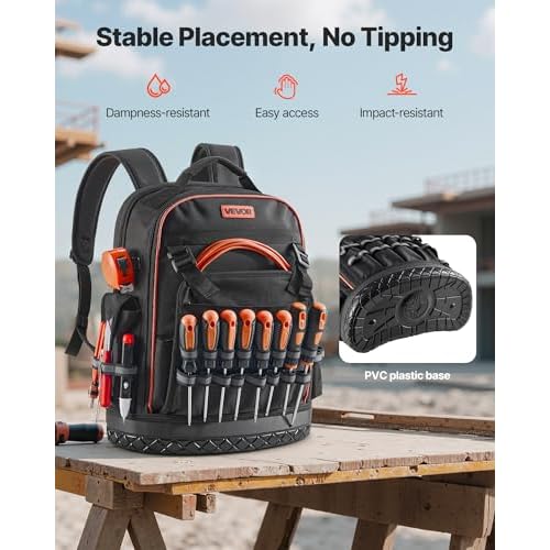 VEVOR Tool Backpack, 64 Pockets, Heavy-duty Tools Storage Organizer Work Bags Backpack with Laptop Compartment & Molded Base, Electrician Jobsite Backpack for Electrician, Repairman, and HVAC Techs