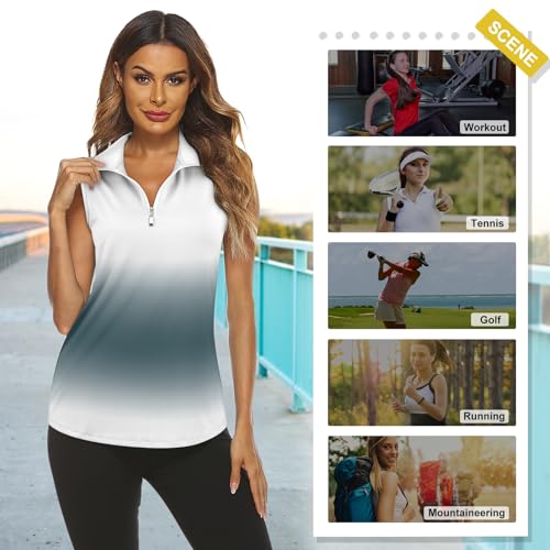 Koscacy Women's Sleeveless Golf Tennis Polo Shirts Grey White Medium Dry Fit Workout Tank Top