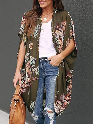 Floral Kimono Duster Cardigan - Short Sleeve Beach Cover Up - Army Green, Small