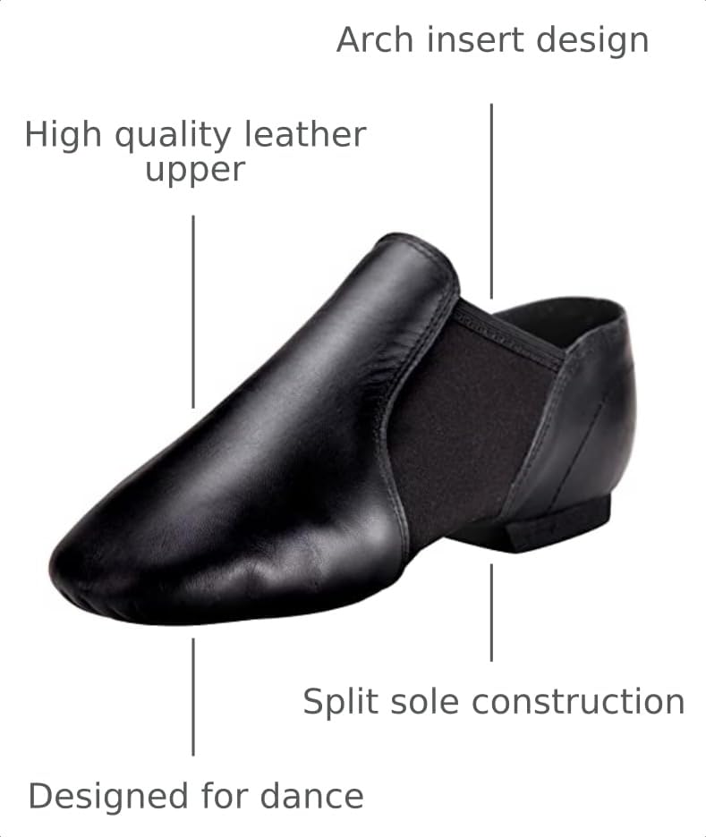 Jazz Dance Shoes - Genuine Leather Slip-On for Men & Women - 8.5 Women/8 Men - Black