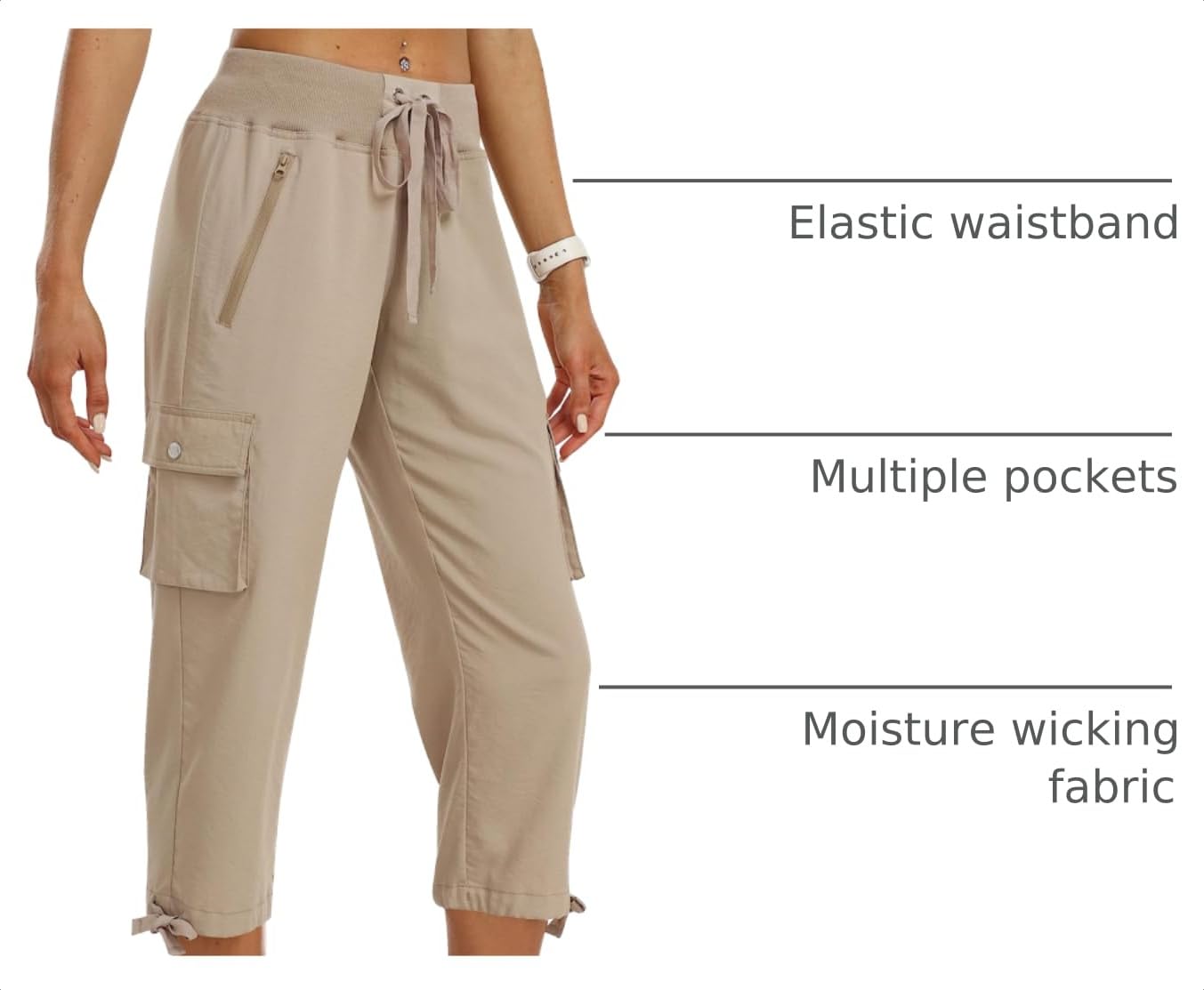 MoFiz Womens Capris with Pockets Loose Fit Casual Capri Pants Lightweight Ladies Cargo Pants for Hiking Khaki XL