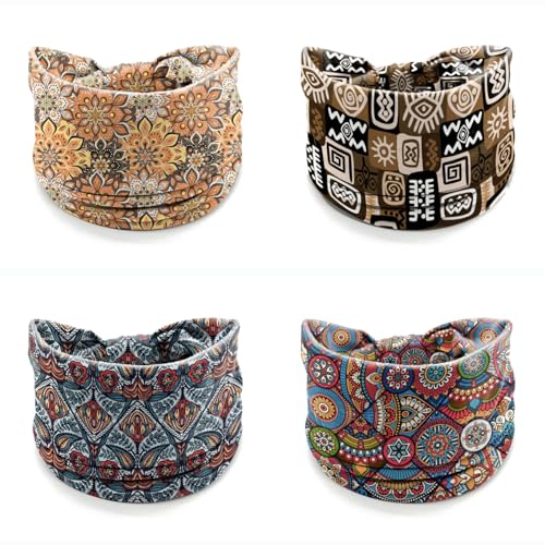 Boho Headbands for Women - 4 Pack Wide Stretchy Turban Wraps