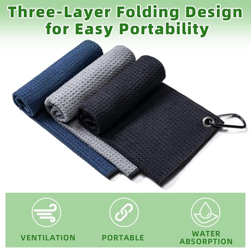 Golf Towels 3 Pack - Microfiber with Carabiner Clip, Navy Blue/Black/Gray