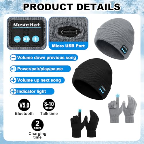 Wireless Winter Beanie Hat Set with Touchscreen Gloves - Black+Gray