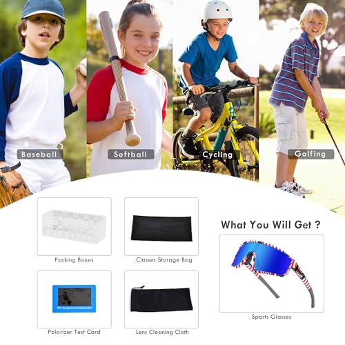 Kids Polarized Baseball Sunglasses with UV400 Protection - Flag Frame Blue Lenses