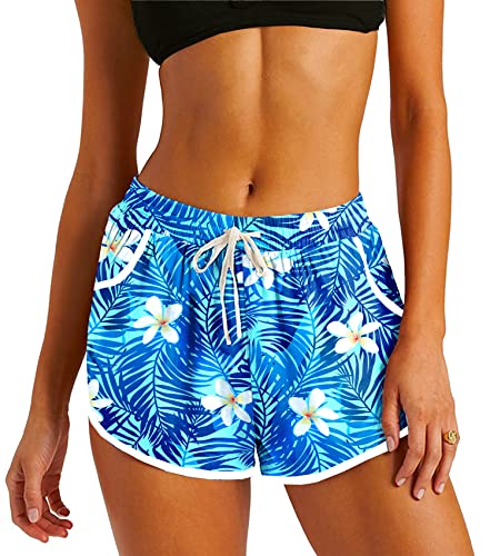 Deerose Women's Blue Leaves Tropical Print Board Shorts with Pockets, Large Size, Beach Swimwear